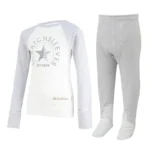 Vorderansicht des Kinder-Pyjamas ScratchSleeves im Baseball-Stil mit äußeren Schulter-, Hals- und Saumnähten. Weißer Körper mit grauem Siebdrucklogo mit Bär und est.2008. Hals und Ärmel grau meliert, mit umgeschlagenen Handschuhen. Körper aus 100% Baumwolle und Handschuhe aus 100% Naturseide. Externes Etikett und Branding auf der linken Seite im unteren Bereich des Oberteils. Vorderansicht der ScratchSleeves Latzhose für Kinder in Meeresblau ohne Innenbeinnaht und mit eingenähten Füßen. Geschlossene Füße mit einer Lage grauer, gewebter Baumwolle 100% über dem Vorderfuß und unter den Zehen. Seegrüne, ärmellose Latzhose aus 100%-Baumwolljersey mit grauer, gewebter Baumwollborte an den Armen und am Hals.