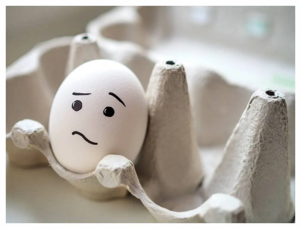 Ein einzelnes weißes Ei in einem geöffneten Eierkarton, auf den ein verwirrtes Gesicht gemalt ist