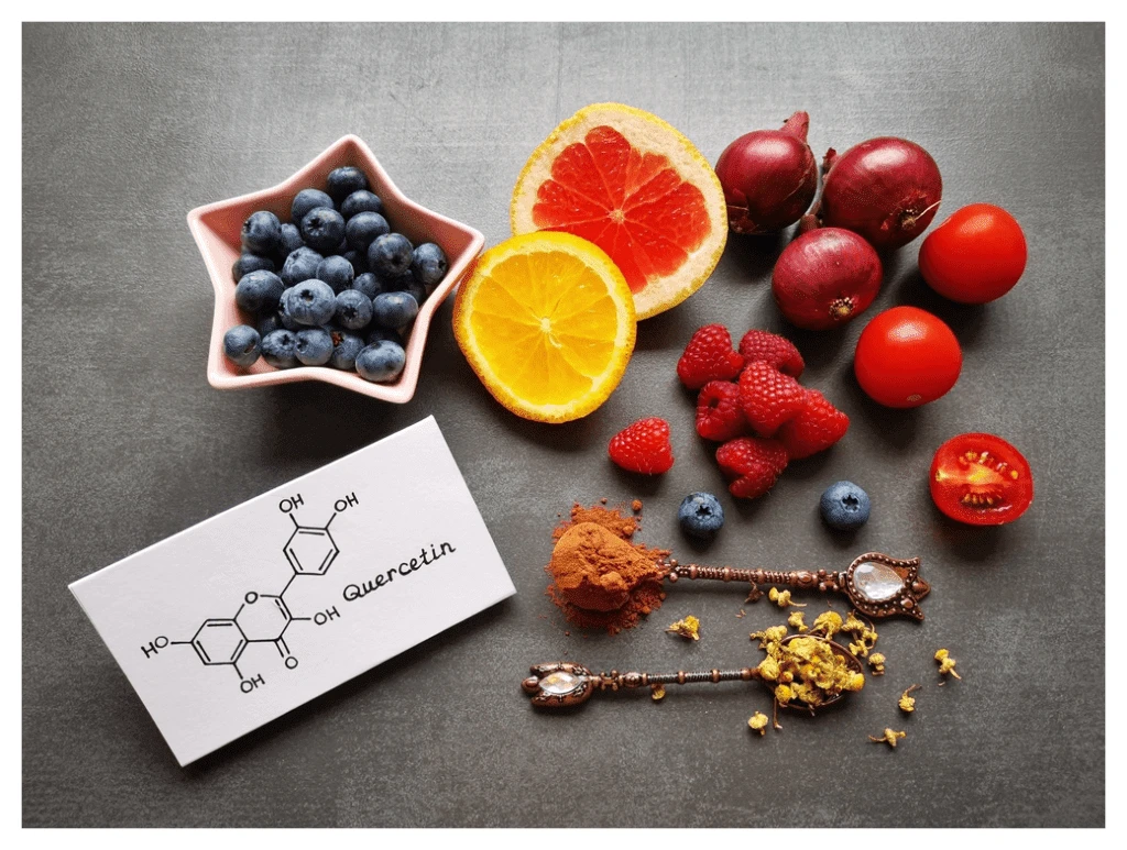 Buntes Sortiment an flavonoidreichem frischem Obst und Gemüse sowie eine Karte mit der chemischen Struktur von Quercetin, dem Flavonoid, das in diesen Lebensmitteln vorkommt, darunter Blaubeeren, rote Zwiebeln, Tomaten und Zitrusfrüchte (halbiert, um das Segmentierungsmuster zu zeigen).