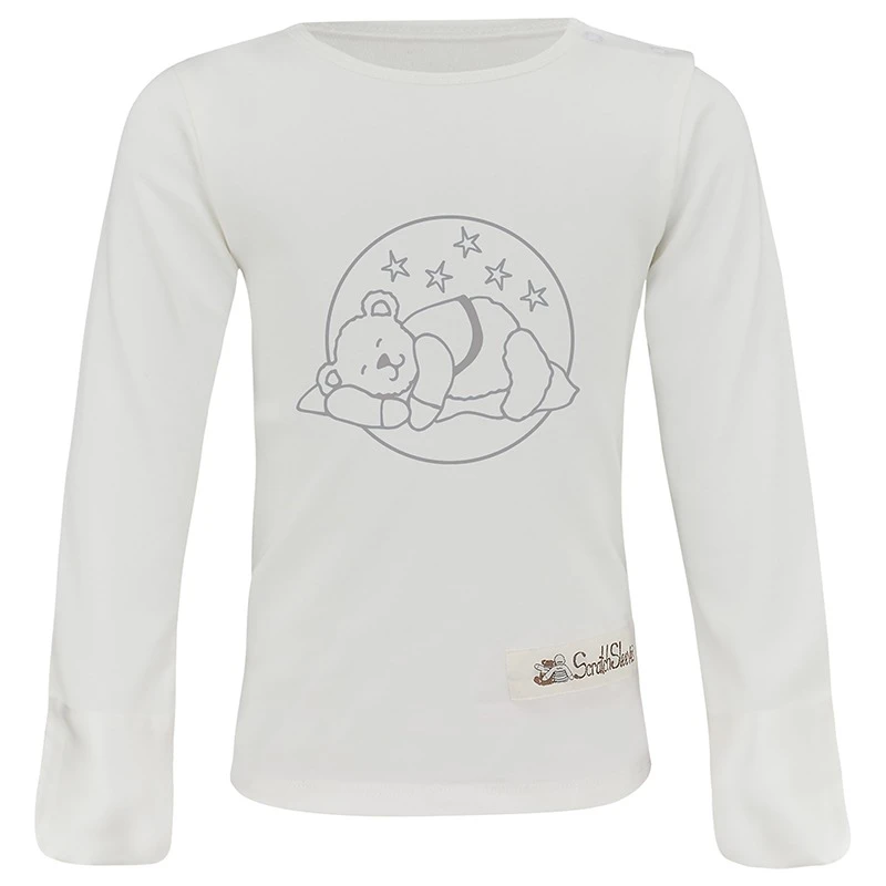 Vue de face du haut de pyjama ScratchSleeves pour enfants, imprimé ours endormi gris. Haut de pyjama blanc sans colorant avec ouverture du col à droite, mitaines blanches cousues et imprimé ours dormant gris. Corps en jersey de coton 100% et mitaines en soie naturelle 100%. Étiquette extérieure et marquage sur le côté gauche, à la base du haut.